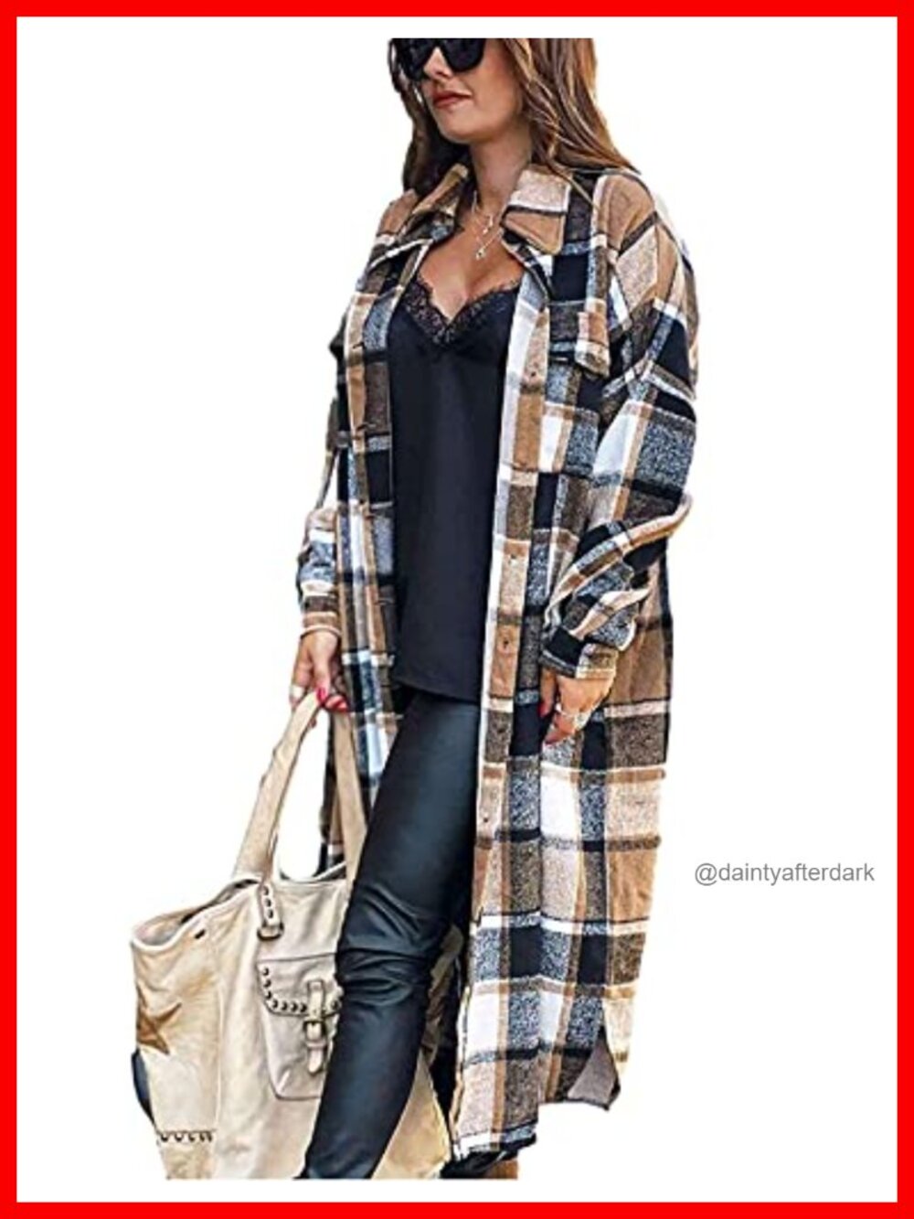 Wool Blend Plaid Long Shacket Button Up Trench Coat Oversized